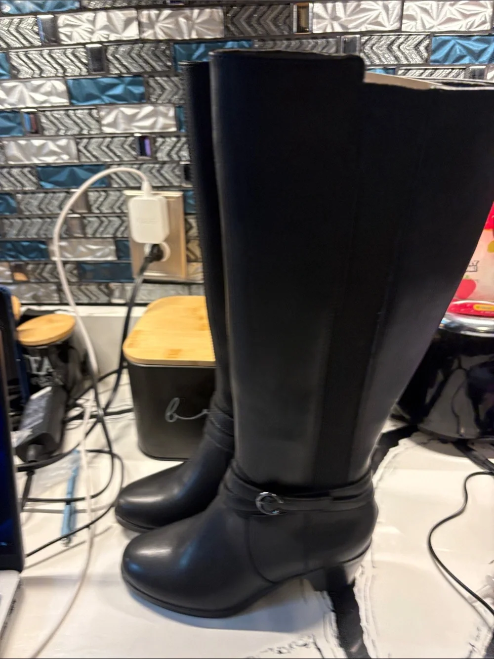 Clarks Black Over-the-Knee Riding Boots with Ankle Strap Detail